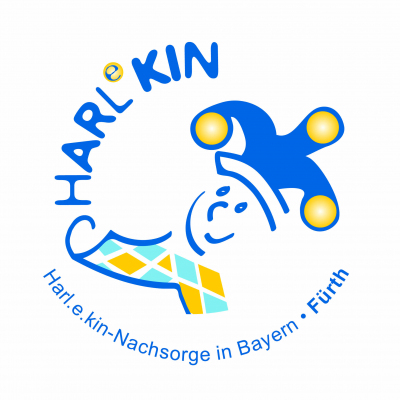 Harlekin im Kreis dargestellt, drumherum der Schriftzug Harlekin Harl.e.kin Nachsorge in Bayern Fürth