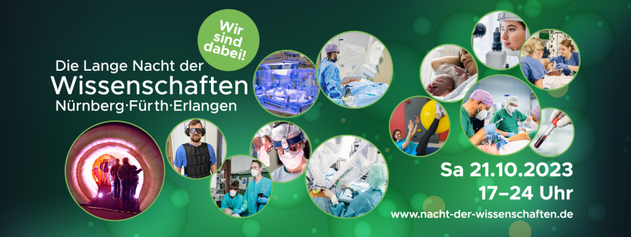 Banner zur Veranstaltung Lange Nacht der Wissenschaft zeigt verschieden Kliniktypische Alltagssituationen
