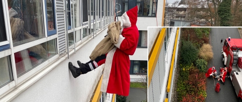 Nikolaus seilt sich mit Hilfe der Feuerwehr von der Kinderklinik ab
